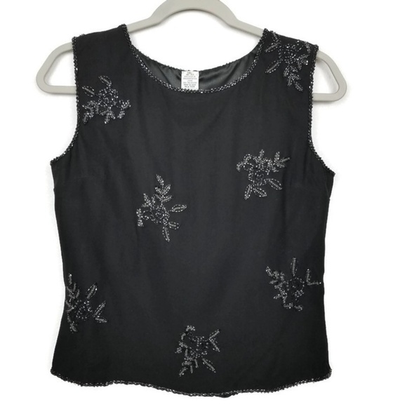 Scala 100% Silk Floral Beaded Black Blouse Vintage Size Women's Medium - Picture 1 of 6